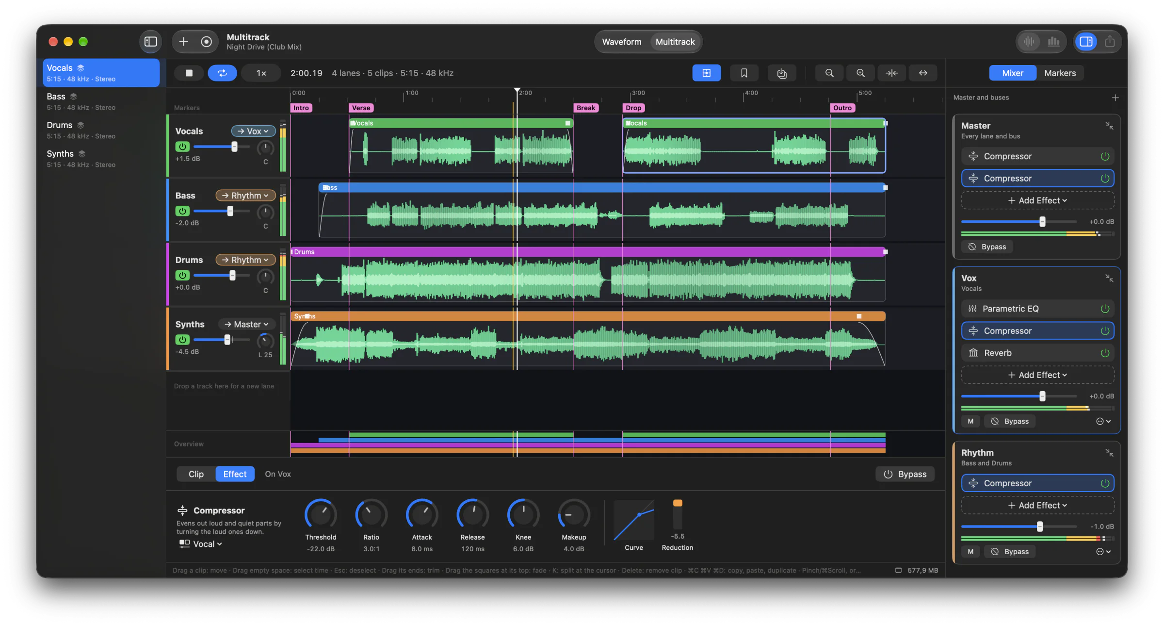 The multitrack view: four lanes of clips with fades and meters, mix markers, and the mixer with buses and effects